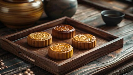 Poster - A wooden tray filled with four delicious desserts placed on a wooden table