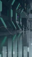 Poster - Animation of financial data processing over business people walking in modern office