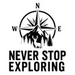 © Diclonius - A powerful illustration of a compass and landscape symbolizes the spirit of exploration and the outdoors with text 'Never Stop Exploring'. t-shirt design vector illustration