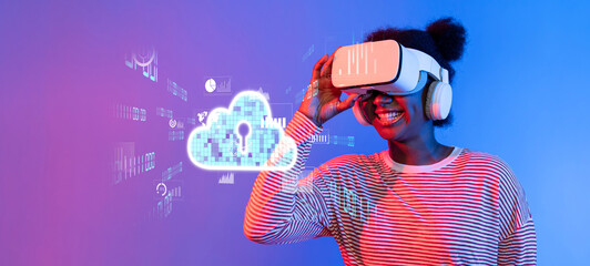 Poster - This dynamic image showcases a woman experiencing virtual reality while interacting with cloud computing graphics, highlighting the fusion of technology and modern business solutions. XDMCP
