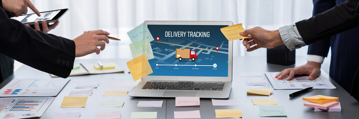 Poster - Analyst team use sticky note for creative and analytic brainstorm for business idea with BI data dashboard on laptop screen. Analysis financial data visualization tech for marketing strategy. Prodigy