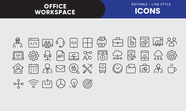 Workspace and office line icons collection. Big UI icon set in a flat design. Thin outline icons pack. Vector illustration EPS10
