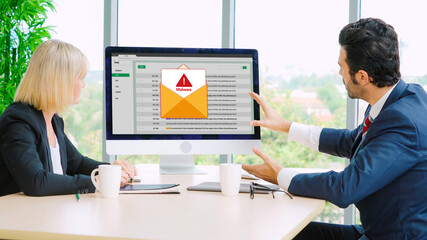 Poster - Cyber attacking concept. Malware alert showing on computer screen display scam and threat detection on computer system or online server to be removed snugly.