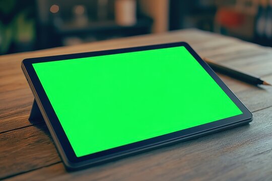 Graphics tablet on wooden table ready for digital artwork creation in a modern space, The graphics tablet is lying on a wooden table, the video has a green screen