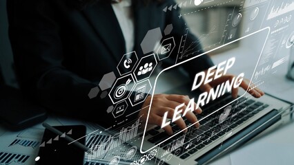 Fototapete - Business professional using laptop computer with deep learning interface and digital data analytics concept. Asymptotic smart data analytic.