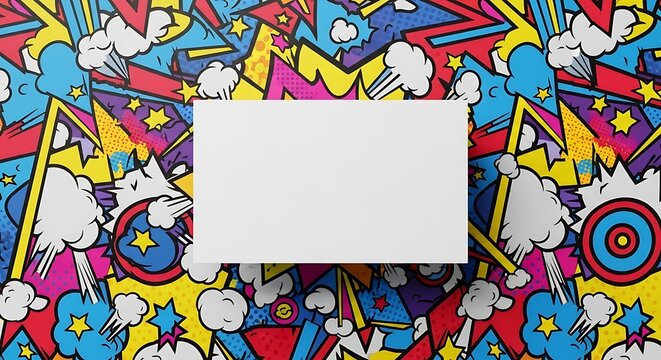 A blank white rectangle overlaid on a vibrant, colorful comic book style background.