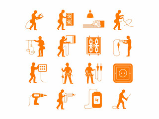 Poster - Collection of orange electrical worker icons demonstrating various tasks including wiring installation and tool usage presented in a clean silhouette style