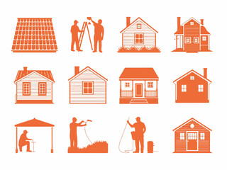 Poster - Collection of orange house and home maintenance icons featuring roofers painting and gardening activities in a clear silhouette style