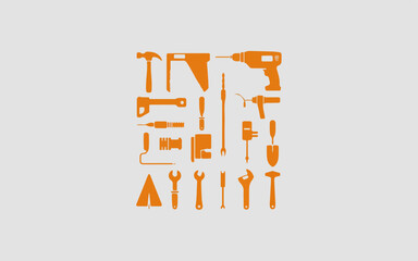Poster - Collection of orange construction and repair tools arranged in a grid pattern presented as a clean and modern silhouette on a light gray background