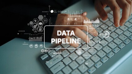 Poster - Hands Typing on Keyboard with Data Pipeline Visual Elements and Graphical Analytics Overlays for Technology Concepts. Asymptotic smart data analytic.