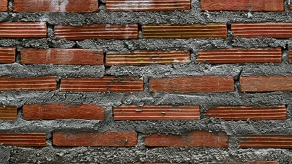 Poster - Detailed red brick wall construction with rough surface texture. masonry pattern and messy mortar create sturdy industrial background with solid grunge foundation