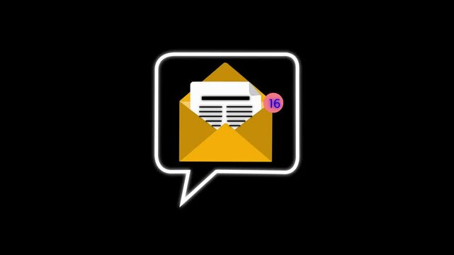 Animated document icon appearing on a black background. Reminder, Push Notifications, Web Reminders, Time Table and Announcements. electronic mail and technology on a transparent background.