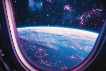 Wall Mural - drifting through outer space with a view of earth from a spacecraft window, drifting out into outer 
