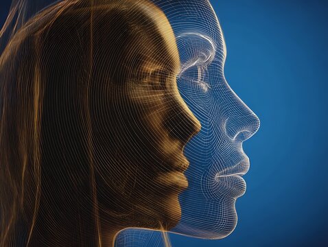 A wireframe representation of a female profile.