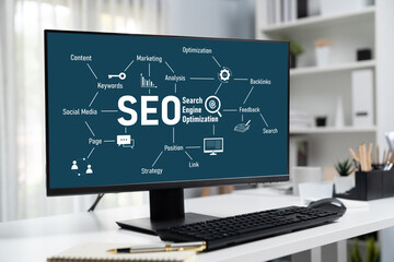 Poster - SEO search engine optimization for brisk e-commerce and online retail business showing on computer screen