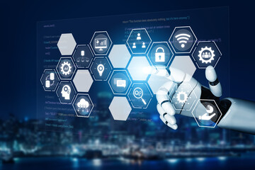 Poster - AI managing integrated business system, analyzing data, securing digital infrastructure, connecting intelligent platforms, and optimizing enterprise operations. Vouch