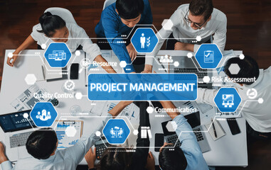 Poster - A diverse team engages in project management activities, focusing on resource allocation and risk assessment, showcasing effective communication strategies in a dynamic office setting. Amity