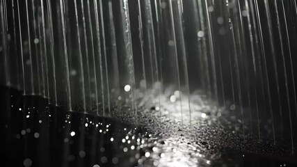 Poster - Raindrops cascade in a dark environment, creating a shimmering effect on the surface below, Rain Drops Falling Computer generated rain ed heavy rain version