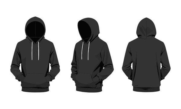 Modern vector illustration of a blank black hoodie sweatshirt long sleeve template sweatshirt long sleeve, hoody for design mockup for print, easily editable and scalable.