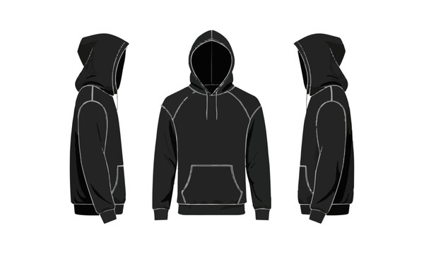 Modern vector illustration of a blank black hoodie sweatshirt long sleeve template sweatshirt long sleeve, hoody for design mockup for print, easily editable and scalable.