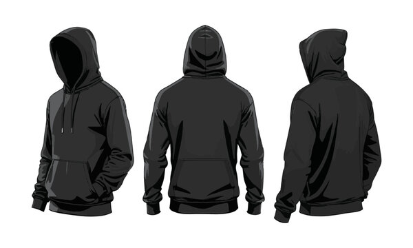 Modern vector illustration of a blank black hoodie sweatshirt long sleeve template sweatshirt long sleeve, hoody for design mockup for print, easily editable and scalable.