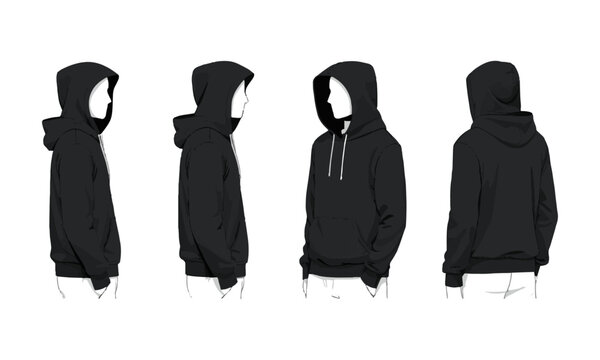 Modern vector illustration of a blank black hoodie sweatshirt long sleeve template sweatshirt long sleeve, hoody for design mockup for print, easily editable and scalable.