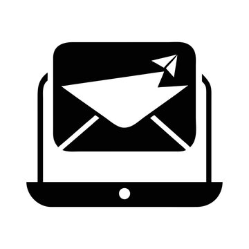 A simple black and white illustration of sending email on computer