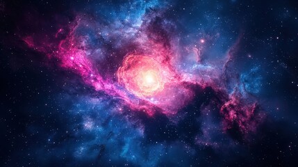 A stunning cosmic scene with vibrant pink and blue nebula swirling around a bright star at the center of the galaxy.