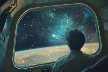 Wall Mural - exploring vast star fields while gazing from a spacecraft's window above earth, traveling through st