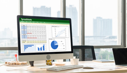 Poster - Spreadsheet document information financial startup concept. data and graphs in spreadsheet documents for online analysis project dashboard accounting digital snugly