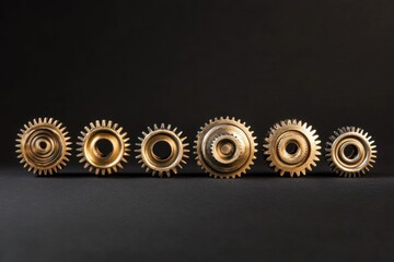 Poster - Gears interconnected in a row showing mechanical precision and design in a dark setting, gears turn one another arranged in a row