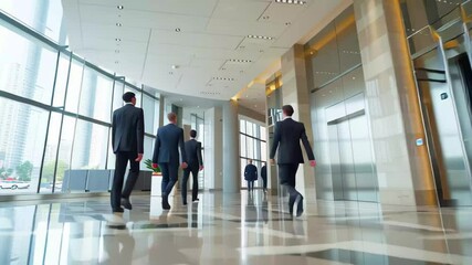 Poster - Business team collaborating in a modern lobby area with large windows during a busy day, Time lapse of business team in lobby area of modern office building
