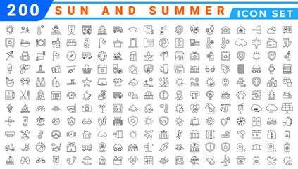 Poster - Summer Vacation icon set. Holiday related icons: travel, beach, surfing, hotel, tourism, landscape, camera, passport, ice cream and more. Editable line icons. Vector illustration.