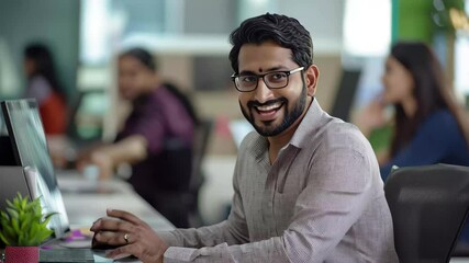 Poster - Modern Indian worker engaged in office tasks with colleagues in a collaborative environment, Modern Indian Worker in Office with Colleagues