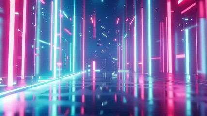 Poster - Futuristic corridor illuminated by glowing neon lights in a vibrant digital space, Light Futuristic Background Video