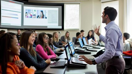 Poster - Engaging classroom interaction with students and teacher using technology for active learning, Modern Classroom with Students and Teacher Interacting with Technology