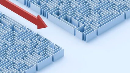 Poster - Business problems and solution concept. Labyrinth concept. Maze side view structure. Perspective view of an 3d rendered maze. Labyrinth with red arrow.