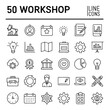 © Ratna - Fifty black and white workshop line icons depict various business and creative concepts on a transparent background