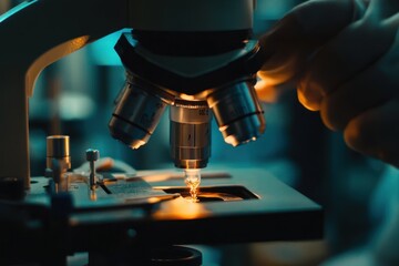 Poster - Scientist examines samples under microscope in laboratory during evening research session, scientist testing samples in a laboratory close-up