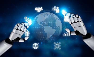Poster - AI artificial intelligence supports global marketing with virtual analytics, cross-border planning, and smart financial tools for strategic international growth. Vouch