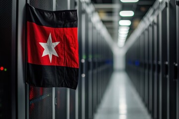 Poster - Flag of Papua New Guinea displayed prominently in a modern server room with rows of server racks, flag of papua new guinea over server room