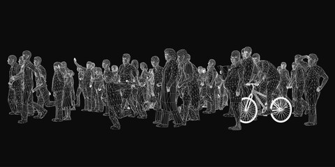 Poster - A 3D wireframe crowd stands in a line with one person holding a bicycle against a dark mysterious background. The geometric figures create an abstract futuristic silhouette.