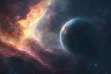 Wall Mural - Vibrant closeup view of a nebula with celestial body in outer space showcasing a stunning cosmic landscape, A close-up view of the expansive nebula in outer space (Some elements furnished )