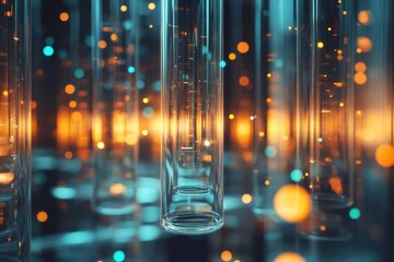 Poster - Data processing in a laboratory showcased through test tubes illuminated by vibrant lights, data processing over laboratory test tubes