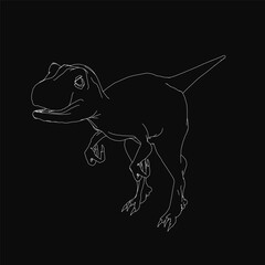 Poster - A fierce T-Rex stands in a bold black and white line drawing, showcasing sharp teeth and powerful legs. The detailed illustration highlights the dinosaur's iconic silhouette against a dark background.