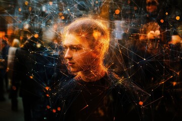 Poster - Visual representation of a social network interaction among people in a crowded urban area during twilight, Abstract visualization of a social network