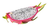 Closeup of a vibrant sliced dragon fruit with white flesh and tiny black seeds visible against white