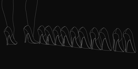 Poster - High heeled shoes lined up on a sleek black background, creating a striking contrast. The vector art style gives them sharp, clean edges and a modern aesthetic. Perfect for fashion or luxury themes.