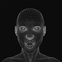 Fototapete - A 3D wireframe of a man's head composed of intricate lines and shapes forms a realistic facial structure on a black background. The detailed mesh highlights contours and features with precision.