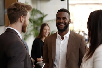 Poster - Business professionals engage in discussion about investment project in modern office setting, Business people discuss investment project working and planning strategy on laptop computer